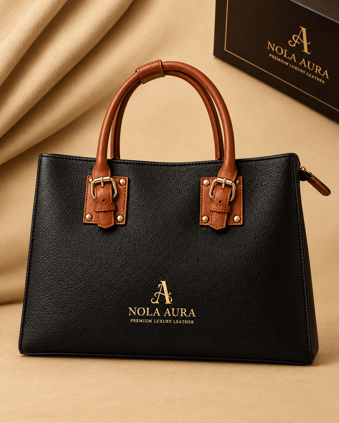 A NOLA AURA leather tote, hand-stitched and finished with gold embossing